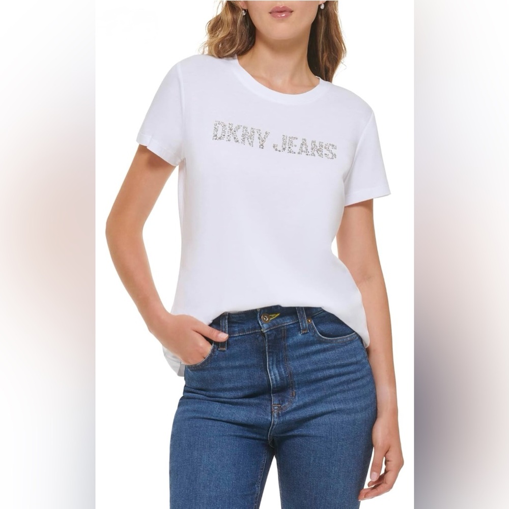 DKNY White Short Sleeve Tee with Rhinestone DKNY JEANS Logo